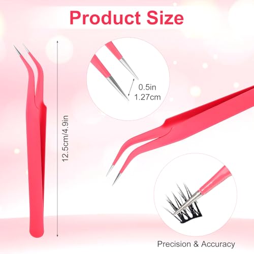 10 Pieces Tweezers for Crafting, Stainless Steel Curved Pointed Tweezers Precision Tweezer with Protective Cover for Eyelash Extensions Stickers Rhinestones Crafts (Rose Red) - color: Pink