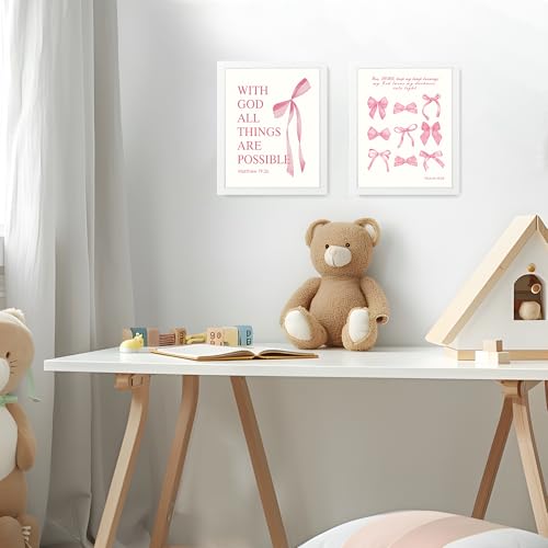 LARTSFRO Coquette Pink Bow Wall Art Decor Posters, Pink Bow Room Bedroom Bathroom Dorm Wall Art Decor Aesthetic for College Teen Girls Gifts, Inspirational Bible Verses Bow Wall Decor, 10x8 Inch Set of 4 Pcs Bow Pictures (WHITE FRAMED) - color: White-Fram