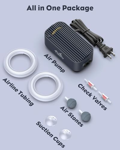 Pawfly Aquarium Air Pump, 110 GPH Air Pump for Fish Tank up to 160 Gallons, Ultra Quiet Adjustable Oxygen Pump with Airline Tubing, Air Stone & Check Valve, Aerator for Fish - size: 5 W (up to 160 Gallons)