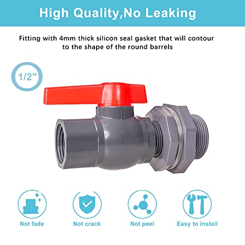 1/2 Inch PVC Rain Barrel Valve Spigot Kit with Ball Valve and Bulkhead Fitting Adapter for Water Tanks, Aquariums, Pools - size: 1/2"+valve