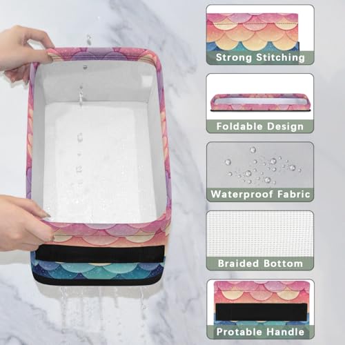 Colorful Fish Scales Toilet Paper Basket Bathroom Countertop Organizer, Decorative Storage Baskets for Towels, Toilet Tanks Tray with handles, Small Storage Basket for Shelves, Bedroom, Table Decor