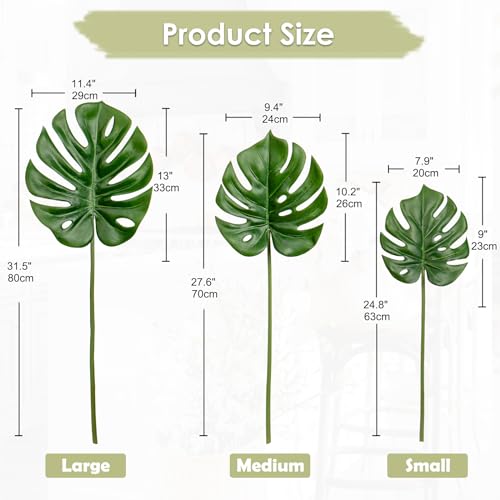 3 Pack Artificial Monstera Leaves with Long Stem for Vase - Fake Tropical Plants Palm Leaves Realistic Philo Turtle Leaves for Home Wedding Party Decor