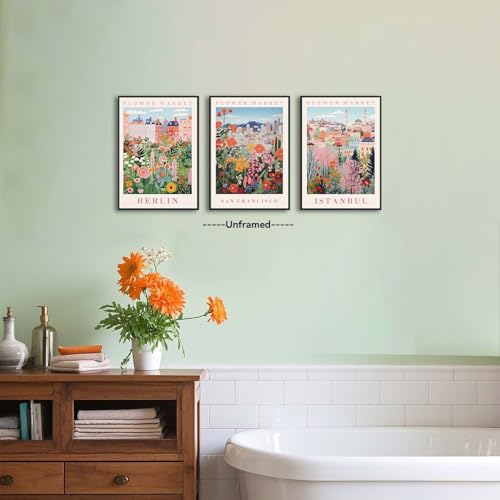 XLARTMY Flower Market Wall Art Prints Canvas Orange and Pink Floral Paintings Colorful Botanical Travel Flower Posters for Home Decor Pictures Set of 3 for Living Room Bedroom 16x24in Unframed - color: Flower Market ORange-2, size: 16x24in Poster