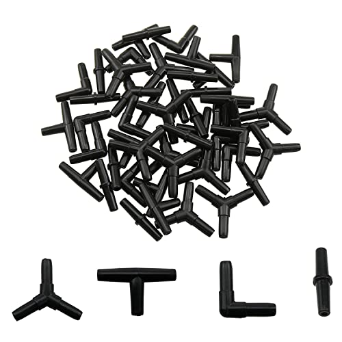 Aquarium Air Valve Connector 48PCS 4Type Black Plastic Air Valve Connectors Splitters for Fish Tank 3/16 Air Line Air Pump, Airline Tubing Connector