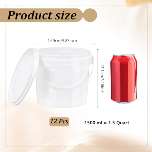12 Pcs White Plastic Bucket with Lid and Handle, Food Grade Buckets with Lids, Ice Cream Containers Food Safe Bucket for Multipurpose Storage Paint Water Art Crafts Projects (1.58 Quart) - size: 1.58 Quart