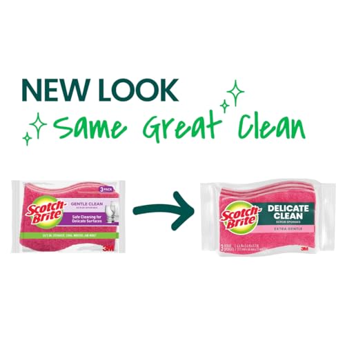 Scotch-Brite Delicate Clean Non-Scratch Scrub Sponge, 3 Nonscratch Kitchen Sponges for Gentle Cleaning of Porcelain, Fine china, Stemware, Nonstick Pots and Pans, Mirrors, Faucets, and More