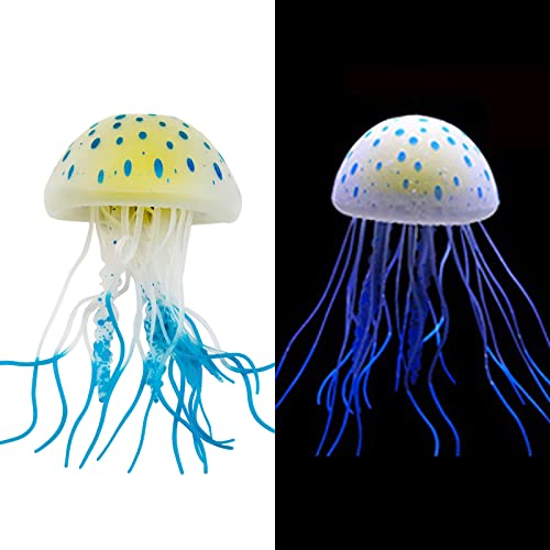 WishLotus Aquarium Jellyfish Decoration, Soft Silicone Glowing Aquarium Decorations Fluorescent Jellyfish with Suction Cup New Upgraded Simulation Aquarium Decor for Various Fish Tank (A, Blue) - color: Blue, style: A