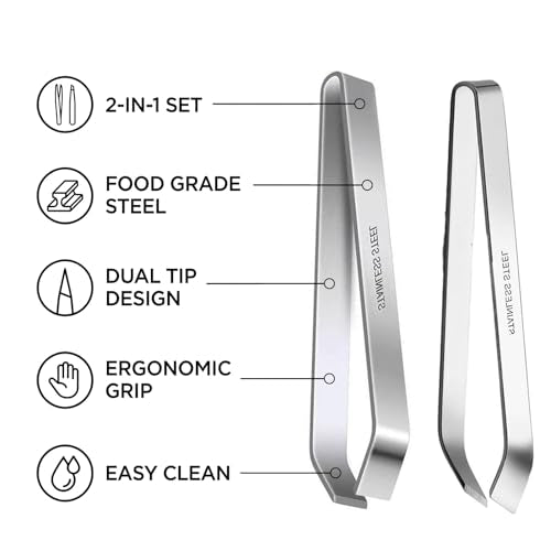 Seafood Fish Bone Remover Tweezers Set 1 Flat Tip 1 Slant Tip Stainless Steel Kitchen Seafood Tweezers for Fish Shrimp Crab Bone Picking Vein Removing Seafood Processing