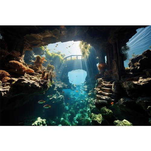 Aquarium Background Aquatic Stone Pillars Vibrant Fish Lively Coral Reef Terrarium Backdrop Deep Blue Sea Under Water World Fish Tank Background Rock Sunlight Rays Wallpaper Vinyl 24x12in - color: Cave Brown, size: 24(W)x12(H)inches/ 60(W)*30cm(H)