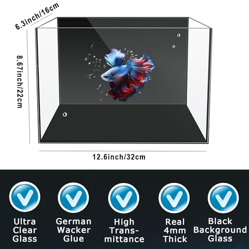 3 Gallon 12.6” L Fish Nano Glass Aquarium, with Separator Plate for Betta, Multi-Functional Square Fish Tank with Filter, LED Light, Black 4mm Glass - color: Black transparent
