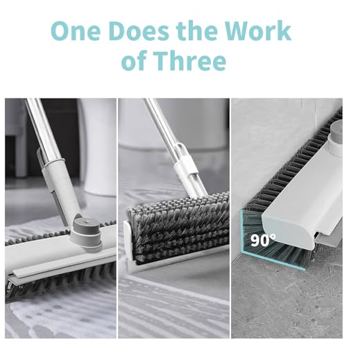 Floor Scrub Brush with Long Handle, 3 in 1 Scrape and Heavy-Duty Stiff Bristle Scrubber Brush Broom for Cleaning Shower Bathroom, Patio, Pool, Garage, Kitchen, Wall and Deck (White, 1 Pack) - color: White, size: 1 PACK