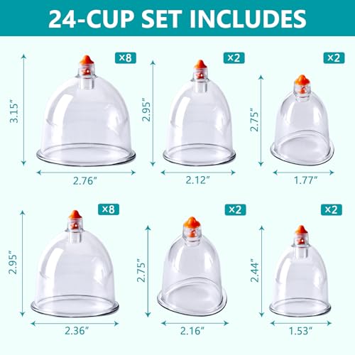 Cupping Therapy Set, 24 Pcs Cupping Set, Professional Cupping Kit for Massage Therapy, Portable Upgrade Cupping with Case, Pump Suction Cups for Cellulite Muscle Pain Relief Physical Therapy - size: 24 CUPS
