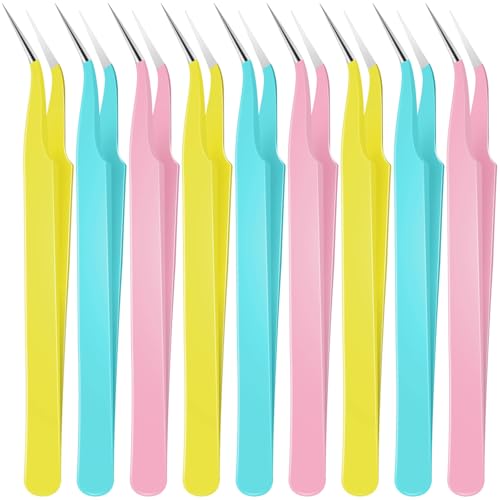 Honoson 9 Pieces Curved Pointed Craft Tweezers Stainless Steel Precision Tweezer with Protective Cover for Rhinestones Dried Flowers Craft Stickers Eyelash Extension Jewelry Making(Multiple Colors) - color: Multiple Colors