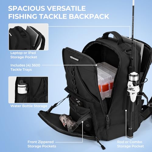 KastKing KarryAll Fishing Tackle Backpack with Rod Holder 4 Tackle Boxes,40/26L Tackle Bag Storage Fishing Gear and Equipment - color: D: Medium (26 L) - Black
