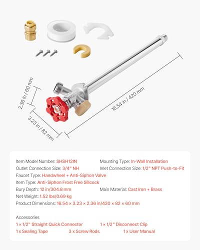 VEVOR Anti-Siphon Frost-Proof Sillcock, 12" Freeze Proof Outdoor Faucet Bib with Backflow Preventer, 1/2" Push-to-Fit Connector X 3/4" Hose Bibb, No Lead Frost-Free Spigot for PEX Copper CPVC Pipes - style: Traditional