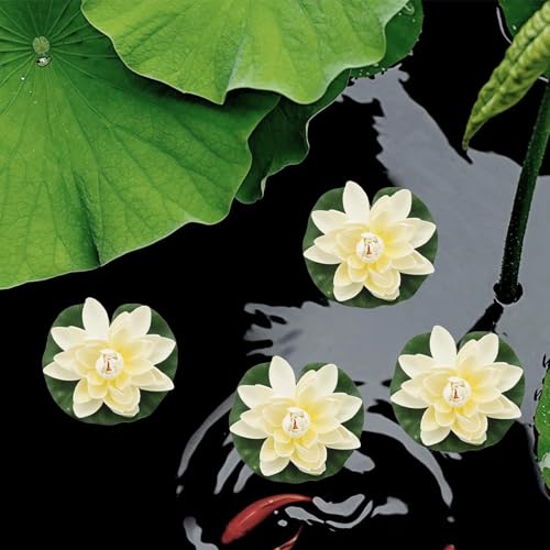6Pcs White Artificial Lotus Flowers Large Floating Faux Lotus Water Lily Flowers Fish Pond Artificial Plants with Artificial Lily Pads, Home Decor Artificial Flowers