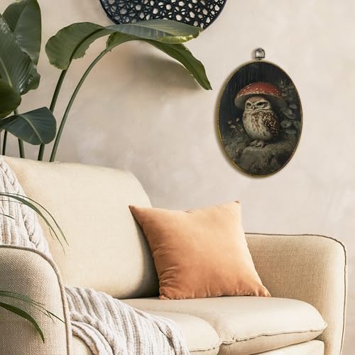 XFCICRLJ Vintage Owl Mushroom Wall Art Decor, Dark Academia Cottagecore Owl Oval Canvas Prints Framed, Moody Forest Mushroom Bird Wall Art Decorations for Home Bedroom Living Room Decor, 11x8.5 Inch - color: Owl