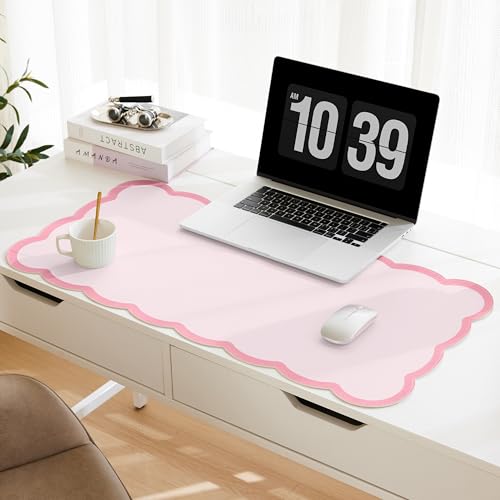 Scalloped Desk Mat, 31.5" x 15.7" Large Cute Aesthetic Desk Accessories, PU Leather Computer Laptop Desk Mouse Keyboard Pad, Desk Writing Mat for Vanity/Work/Home Decor (Pink, 31.5" x 15.7") - color: Pink, size: 31.5" x 15.7"