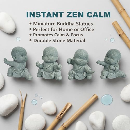 4pcs Mini Buddha Statue, Small Aquarium Decoration, Feng Shui Zen Monk Sandstone Sculpture, Cute Fish Tank Ornament for Home Garden