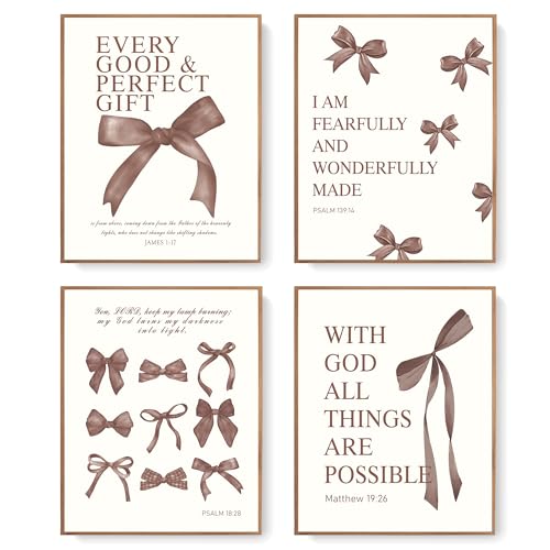 LARTSFRO Coquette Brown Bow Wall Art Decor Posters, Chocolate Brown Bow Room Bedroom Bathroom Dorm Wall Art Decor Aesthetic for College Teen Girls Gifts, Inspirational Bible Verses Bow Wall Decor, 10x8 Inch Set of 4 Pcs Bow Pictures (UNFRAMED) - color: br