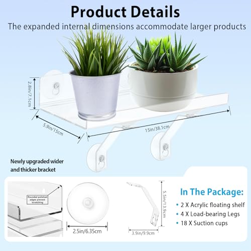 2 Pack 15 Inch Acrylic Window Boxes Plant Shelves, 6 Inch Extra-Wide Windowsill Extender – Features Suction Cups and Support Brackets for Succulents, Herbs, Seed Starting | Indoor/Outdoor Use - size: 15IN-2PC