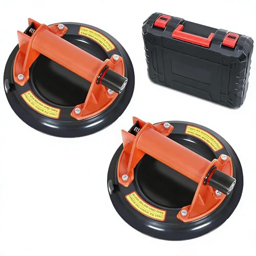 Glass Suction Cups to Lift Large Glass/Granite/Tile/Window 8.2 Inches, 468 Pounds Load Capacity, Vacuum Suction Cup Industrial Grade Heavy Duty Lifter for Moving Object, Orange, Carrying Case, 2 Pack