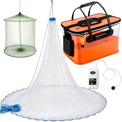 3 Pcs Fishing Bucket, Live Bait Aerator and Fishing Cast Net with Heavy Duty Sinker Foldable Live Bait Bucket Portable Quiet Aerator Fish Transport Container Outdoor EVA Bag - color: Orange