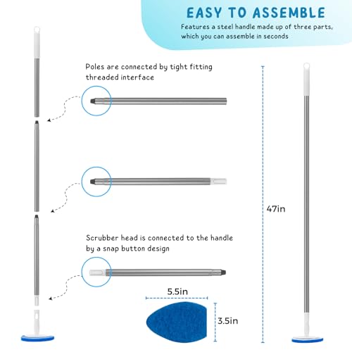 Shower Scrubber, Bathroom Tub and Tile Cleaner Brush with Long Handle, 47'' Bathtub Cleaning Tool with 6 Refill Pads - color: Blue, size: Scrubber with Long handle