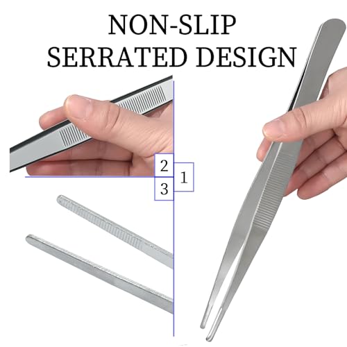 Bonsicoky 3Pcs Stainless Steel Tweezer Set (8" 10" 12"), Long Tweezers with Precision Serrated Straight Tips, Non-slip Multitool Tweezer for Cooking, Repairing, Medical, Garden - size: 8" 10" 12" (1 Set)