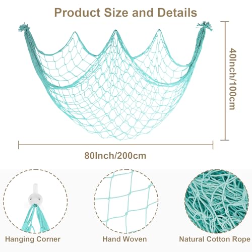 2 Pack Decoractive Fishing Net 80x40 Inch, 3mm Thickness Light Blue Natural Cotton Large Picture Wall Hanging Fish Net, Party Decorations Fishnet for Nautical Pirate Beach Mermaid Themed Party - color: Light Blue, size: Large - 2 Pack