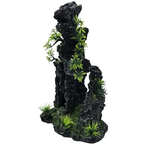 Large and Tall Fish Tank Decorations Aquarium Mountain View Stone Decorations Resin Rock Aquascaping with Hiding Cave, Fish Tank Accessories Aquarium Ornaments with Small Plants (C) - color: C