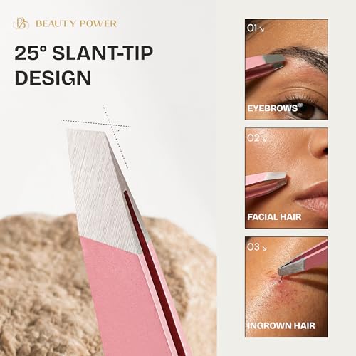 Beauty Power Tweezers for Women Facial Hair: Ultra Precision Tweezers for Women & Men, Sharp Slant Tweezer for Eyebrows, Ingrown Hair Removal. Professional Plucker, German Stainless Steel (Pink) - color: Pink