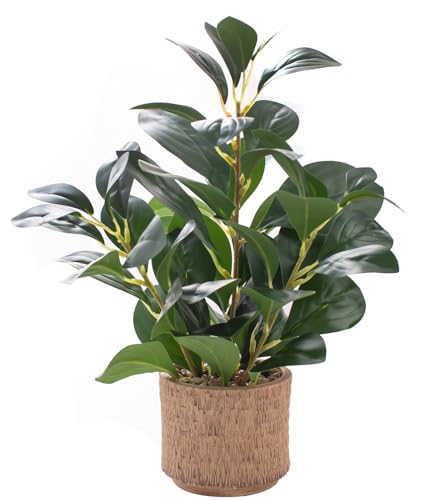 12.6" Fake Plants in Brown Ceramic Vase Realistic Ficus Leaf Faux Plant for Desk Book Shelf Bathroom Office Kitchen Counter Bedroom Small Space Ready to Display Artificial Indoor Plant Decor