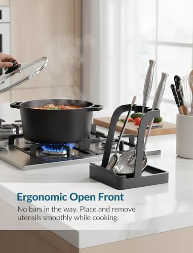 NiHome Big Pot Lid Holder and Spoon Rest with Removable Drip Tray – Black Iron Kitchen Counter Organizer for Cooking Utensils, Ladles, Spatulas, Cutting Boards & Cookware - color: Large Black, size: no diatomite