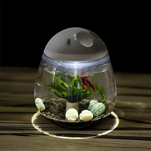 Mini Betta Fish Tank, Small Fish Bowl, Plastic Fish Tank with Lid, Desktop Clear Round Fish Bowl and LED for Small Fish, Insect, Shrimp, Crab, Jellyfish Goldfish, Room Decor (with Charger Pattern)