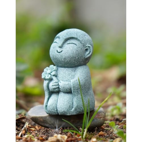 OwMell Japanese Jizo Monk Statue, Buddha Jizo Figurine Memorial Aquarium Statue Ornament - Flower - color: Flower Stone