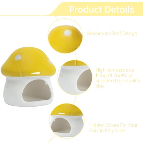 AnRui Ceramic Mushroom Aquarium Decor Cute Mini House Betta Fish Tank Accessories Decoration Hideaway Hideout Cave Ornament for Small Fish, Shrimp, Goldfish and Reptiles (Yellow, Small) - color: Yellow, size: Small