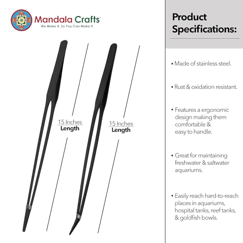 Mandala Crafts 15 Inches Black Stainless Steel Straight and Curved Aquarium Tweezers for Aquatic Plants – Long Aquascape Forceps for Fish Tanks, Hospital Tanks, Goldfish Bowls, and Terrariums - color: Black Curved Straight Tweezers, size: 15 Inches