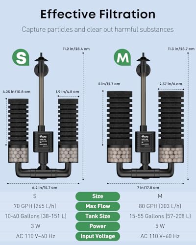 Pawfly Aquarium Sponge Filter, 70 GPH Fish Tank Filter, 3 W Submersible Small Aquarium Filter with Water Pump, Double Foams & Ceramic Balls, Quiet Bio Sponge Filter for 10-40 Gallon Tanks - size: S (For 10-40 Gallon)