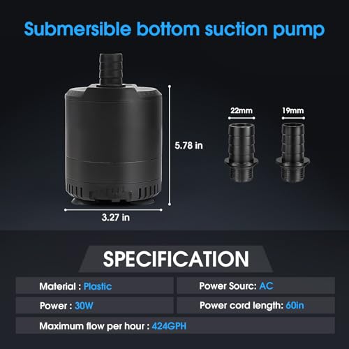 Aquarium submersible pump 109-724GPH, aquarium water pump, Adjustable water flow, Quiet operation,1 Nozzle,Suitable for fish tanks, ponds, aquariums, statues, hydroponic greens. - size: 30W