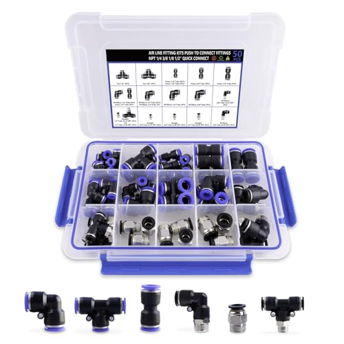 50PCS Air Line Fitting Kits, NPT Thread Push To Connect Fittings, Nylon Tubing 1/4, 3/8, 1/8, 1/2" Quick Connect, Air Line Fittings assortment kit for Automotive Car or Industry Air System - size: 50PCS PBT Plastic & Copper