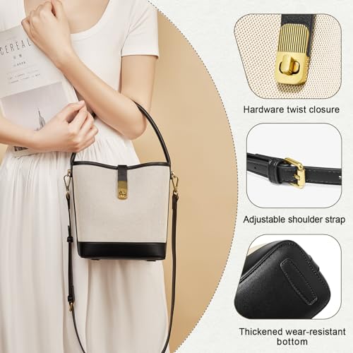 FOXLOVER Coated Canvas Bucket Crossbody Bags for Women Top-Handle Handbags Small Satchel Purse Trendy Twist Lock - color: Black