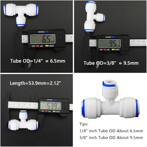 Water purifier adapter, 3/8 * 1/4 * 3/8 "FPT pipe hard plug quick tee, T-shaped tee quick push plastic pipe joint, suitable for reverse osmosis filtration RODI water purifier system 5pcs