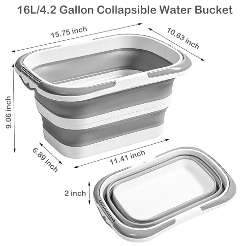Collapsible Bucket with Handle 16L (4.2Gal), Foldable Rectangular Plastic Water Bucket, Portable Space Saving Tub for Foot Soaking Mop Cleaning Car Washing Gardening Camping Garage Use (Grey, 16L) - color: Gray, size: 16L