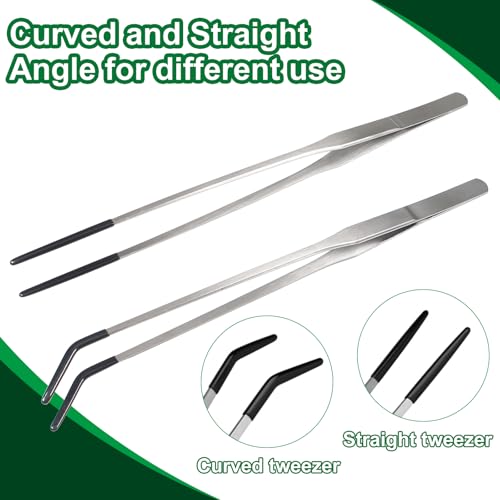 2PCS Stainless Steel Reptile Feeding Tongs with Rubber Tip, 10.6" Straight and Curved Long Tweezers Terrarium Aquascape Tools Feeder for Lizards, Bearded Dragon Snake Enclosure Tank Accessories