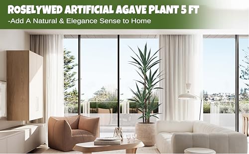 Roselywed Artificial Agave Plant 5FT with 54 Leaves & 4 Trunks & Elegant Black Pot Realistic Tall Large Fake Faux Modern Tree 62 Inch for Indoor Home Office Porch Mall School Decor Housewarming Gift - size: 5ft
