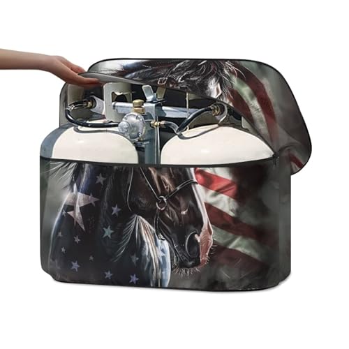 USA Flag Horse Propane Tank Cover Polyester Travel Trailer Camper Tank Cover Waterproof RV Propane Tank Cover Machine Washable Easy to Install - color: American Flag Black Horse, size: Small-Double 20LB