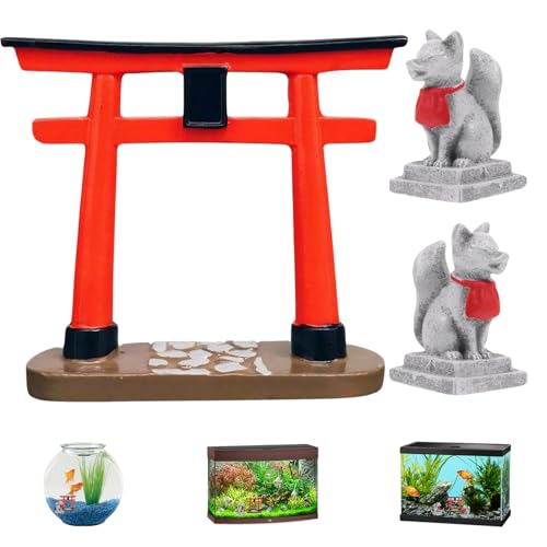 Japanese Garden Decor, Resin Simulation Torii Gate and Fox Statue, Mini Zen Garden Accessories Fox Statues Fox Figurine Aquarium Decorations for Bonsai, Sand Table, Garden, Aquarium, Fish Tank