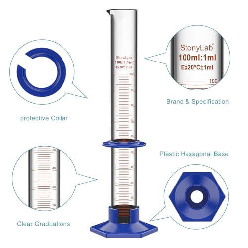 stonylab Graduated Cylinder, Laboratory Borosilicate Glass Graduated Measuring Cylinder with Plastic Hexagonal Base and Protective Collar, 100 ml - size: 100 ml