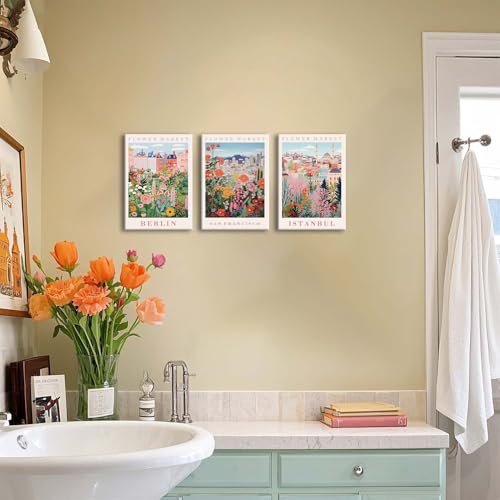 XLARTMY Flower Market Wall Art Prints Canvas Orange and Pink Floral Paintings Colorful Botanical Travel Flower Posters for Home Decor Pictures Set of 3 for Living Room Bedroom 12x16in - color: Flower Market ORange-2, size: 12x16in Canvas